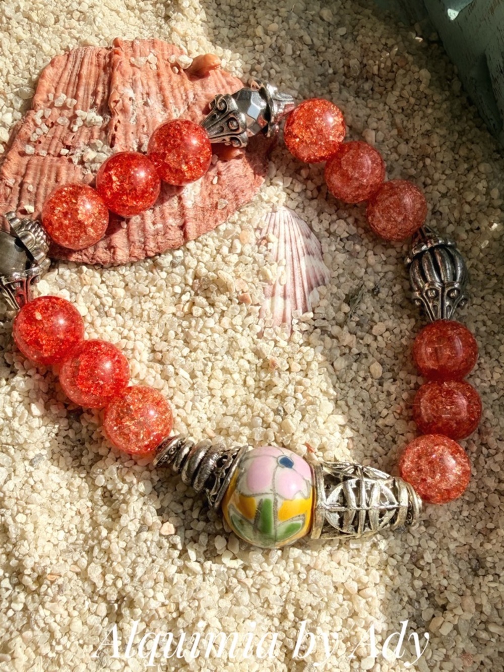 Alquimia Orange Crackle Quartz Bead Bracelet with Floral Accent